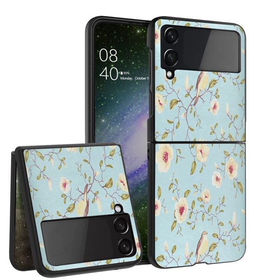 ANJ  Hard Protective Printed Case Cover Compatible with Samsung Galaxy Z Flip 4 - Birds and Flowers (Blue)