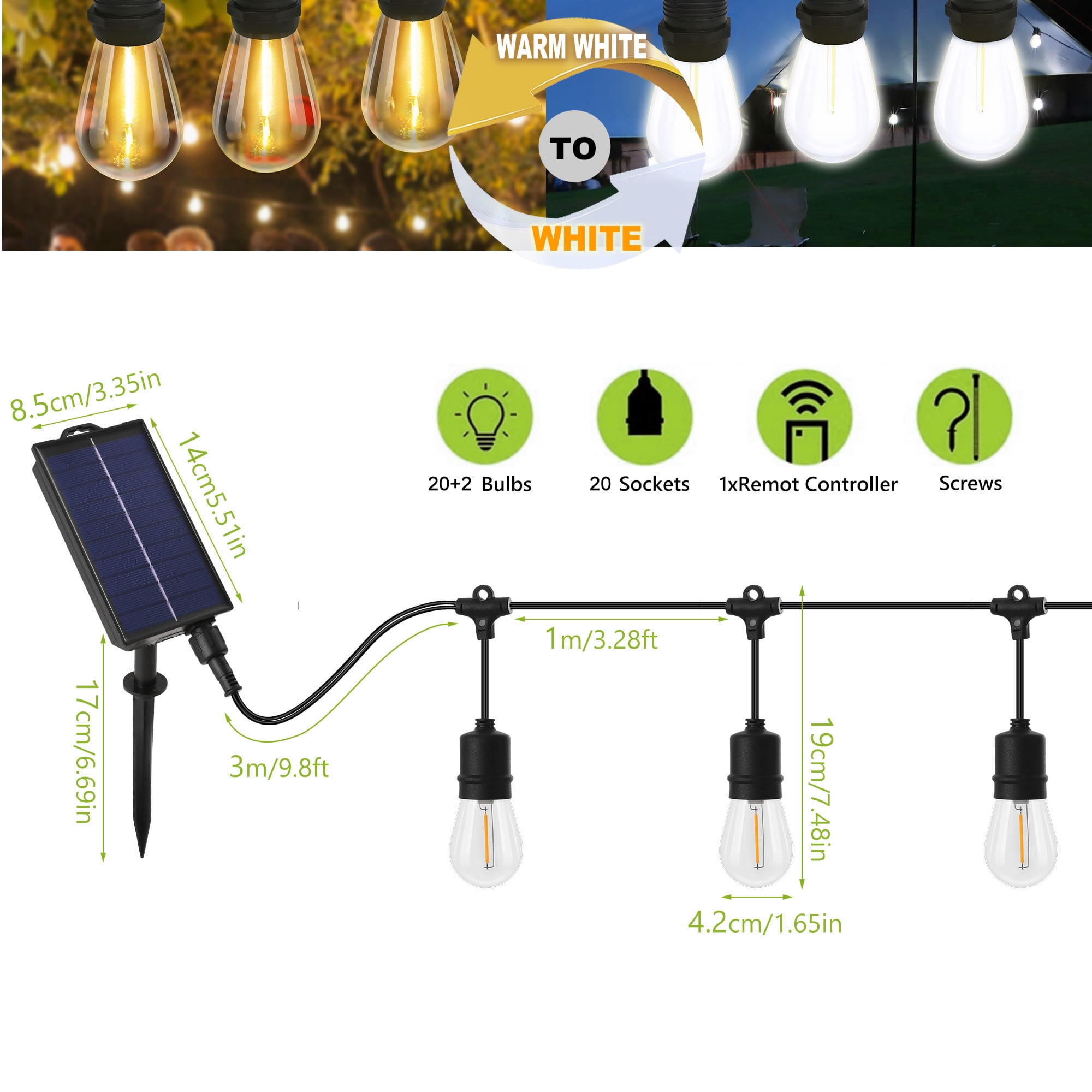 60FT Solar Powered LED Outdoor String Lights, 3 Color Changing hanging Patio Lights, for Backyard Garden Patio Pergola Gazebo Bistro Bedroom Christmas Wedding Party