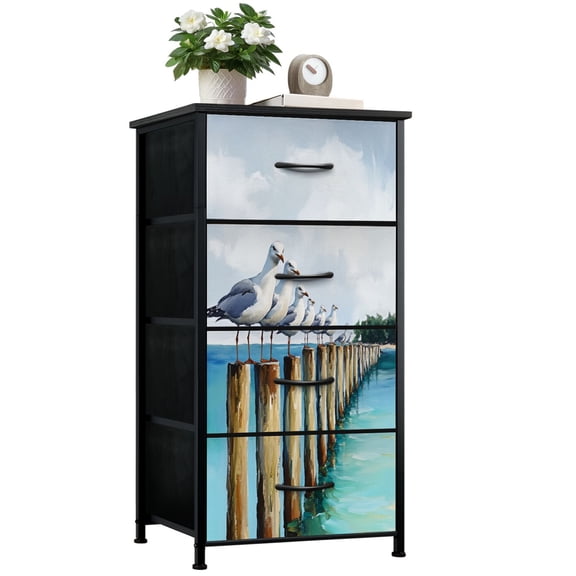 Beach Dresser for Bedroom with 4 Storage Drawers Ocean Coastal Sea Bird Teal Beach Seagulls Wooden Posts Seashore Dressers Chest of Drawers Steel Framed Fabric Closet Organizers for Entryway
