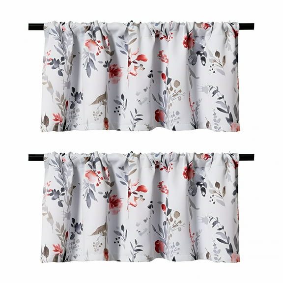 AUQ 2 Pack Blackout Window Valance,18 Inches Long Kitchen Window Curtains Kitchen Valances for Windows Over Sink Rod Pocket Pattern Valance for Bathroom Bedroom Living Room,Red & Grey