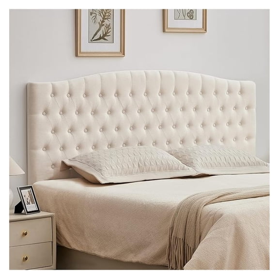 Tufted Upholstered Tall Headboard King Size, Sturdy and Durable Solid Wood Bed headboards, Comfortable Linen Fabric King Headboard Only, Modern Luxury Button Design Head Board, Beige