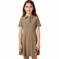 thumbnail image 6 of XRoczxe Girls Short Sleeve Polo Collar Swing Dress Ruffled Button Front Casual School Uniform Dress with Side Pockets Multiple Solid Colors Khaki, 6 of 9