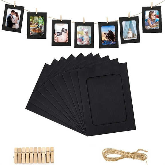 NOGIS 10 Pcs Black Paper Photo Frames,4"x6" Cardboard Paper Picture Frames with Mini Wooden Clips and Jute Strings DIY Clip Photo Holders Photo Hanging Display Kit Wall Decor for Home,Party