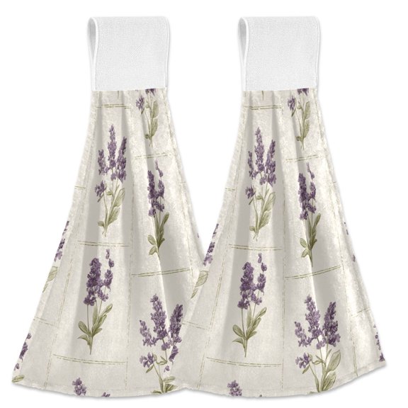 Lavender on Beige Background Hanging Towels with Loop Hand Towels Nylon Fastener Tape Design Dish Cloths 2 Pcs