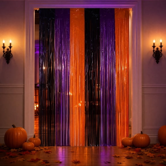 Halloween Foil Fringe Curtains Orange Black Tinsel Streamers, Spooky Party Backdrop Decorations for Photo Booth, Indoor Outdoor House Wall Hanging, Trick or Treat Event Supplies, Orange