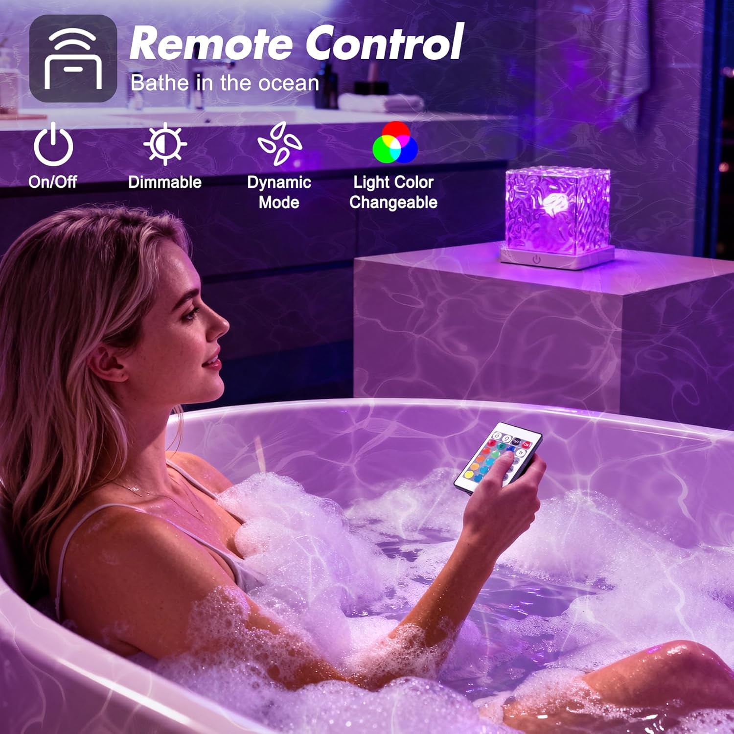 Dynamic Rotating Water Ripple Projector Night Light - Rechargeable 16-Color Changing Ocean Wave Lamp, Waterproof Shower Light with Remote Control & Dimmable Modes for Bathroom & Bedroom