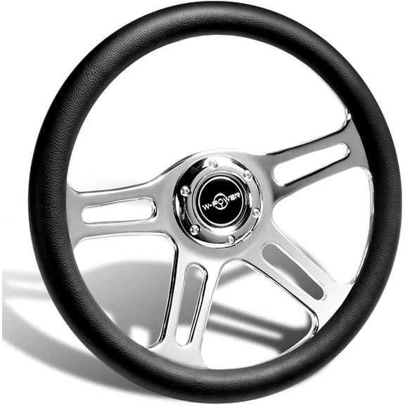 14" Universal 350mm 6 Bolt Hole Vintage Style with Aluminum Polished Special Black Leather Grip Steering Wheel, Black Horn Button, Chrome 4-Spoke