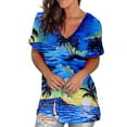 thumbnail image 2 of Pincandy Women Crewneck Print Tees Short Sleeve Hawaiian Shirts Floral Tropic Printed Pleated V Neck Summer Casual T-Shirt Trendy Boho Blouses Tops,Blue,3XL, 2 of 5