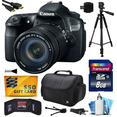 Canon EOS 60D 18 MP CMOS Digital SLR Camera with 18-135mm f/3.5-5.6 IS UD Lens with 8GB Memory + Large Case + Tripod + Card Reader + Card Wallet + HDMI Cable + Cleaning Kit + $50 Gift Card 4460B004