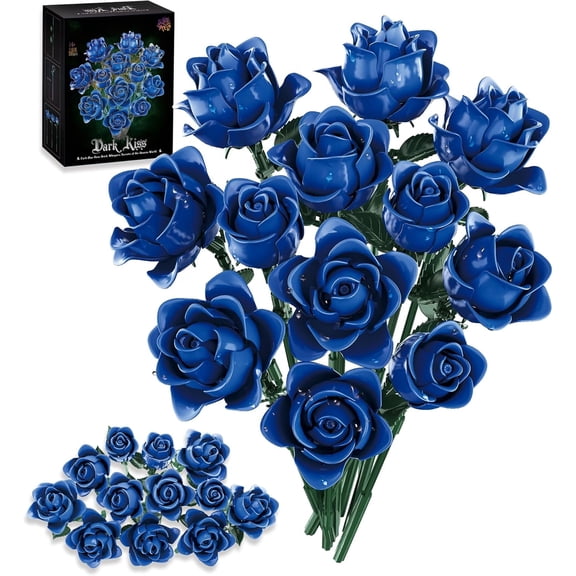 Blue Roses Flower Bouquet Building Set, Compatible with Lego Flowers, Artificial Flowers Botanical Collection Gift for Halloween Gothic Retro Home Decor