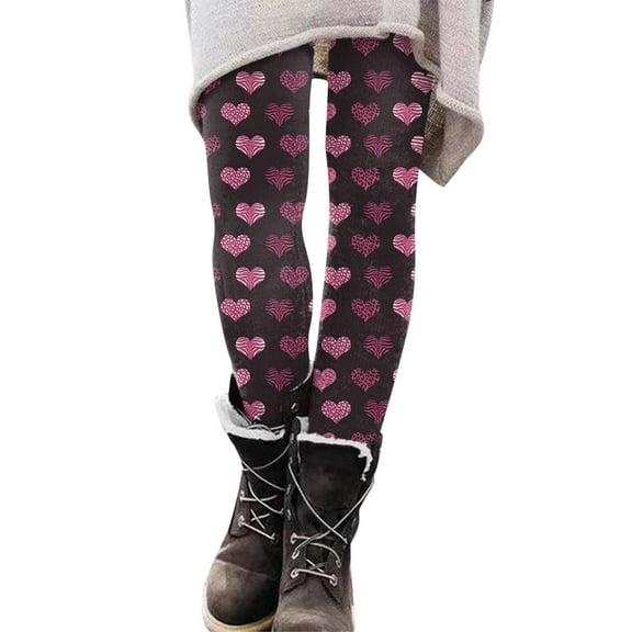 jsaierl Thick Fleece Lined Warm Leggings for Women Heart Print High Waisted Tummy Control Leggings Winter Seamless Slimming Leggings