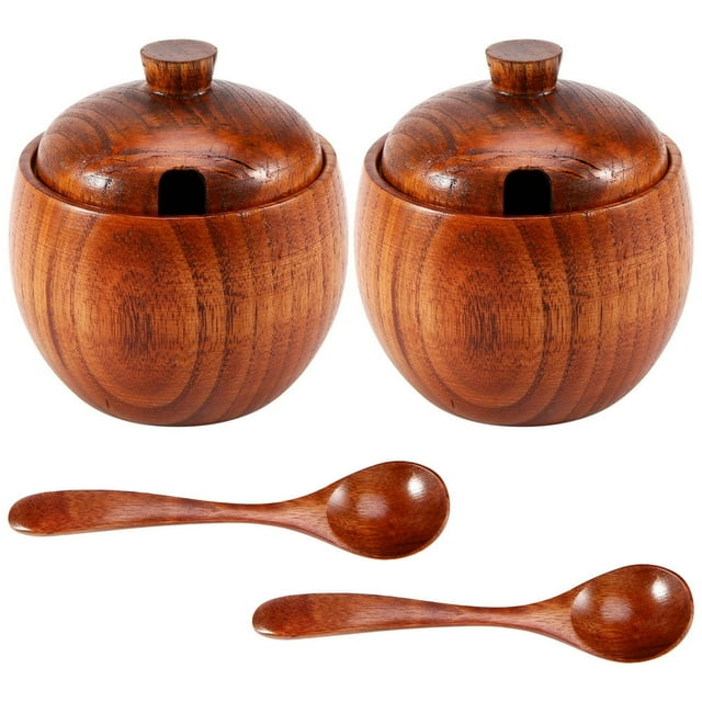 2 Pcs Pot à Épices Pot à Assaisonnement Bol à Sucre avec Couvercle Cuillère Boîte de Rangement en Bois Pot à Sucre Pots à Sel Récipient de Stockage de Cuisine Pots à Condiments