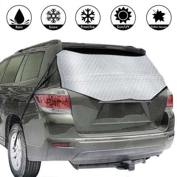 IC ICLOVER Car Rear Windshield Snow Cover for SUVs and Trucks, 4-Layer Waterproof Back Window Ice Frost Cover, Upgraded Adjustable Elastic & Secure Hooks for Snug Fit - Silver, 55 x 27 inches