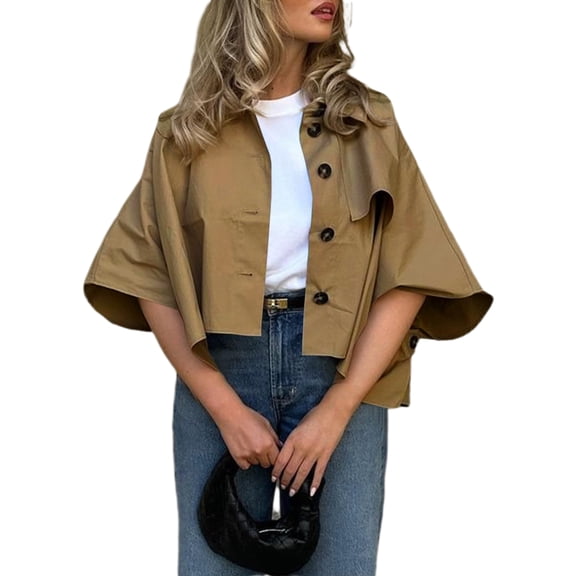 Womens Oversized Cropped Trench Coats Single Breasted 3/4 Sleeve Casual Button up Jackets