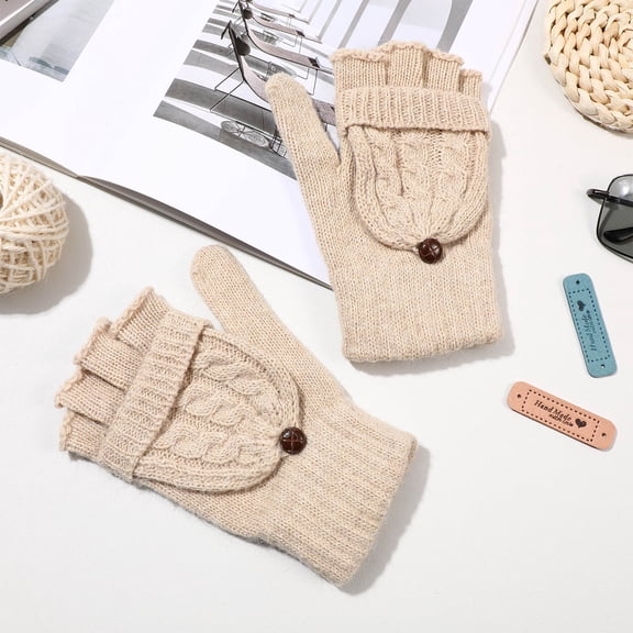FUEENIRVA 1Pair Wool Convertible Gloves Womens Beige Winter Warm Mittens with Finger Access