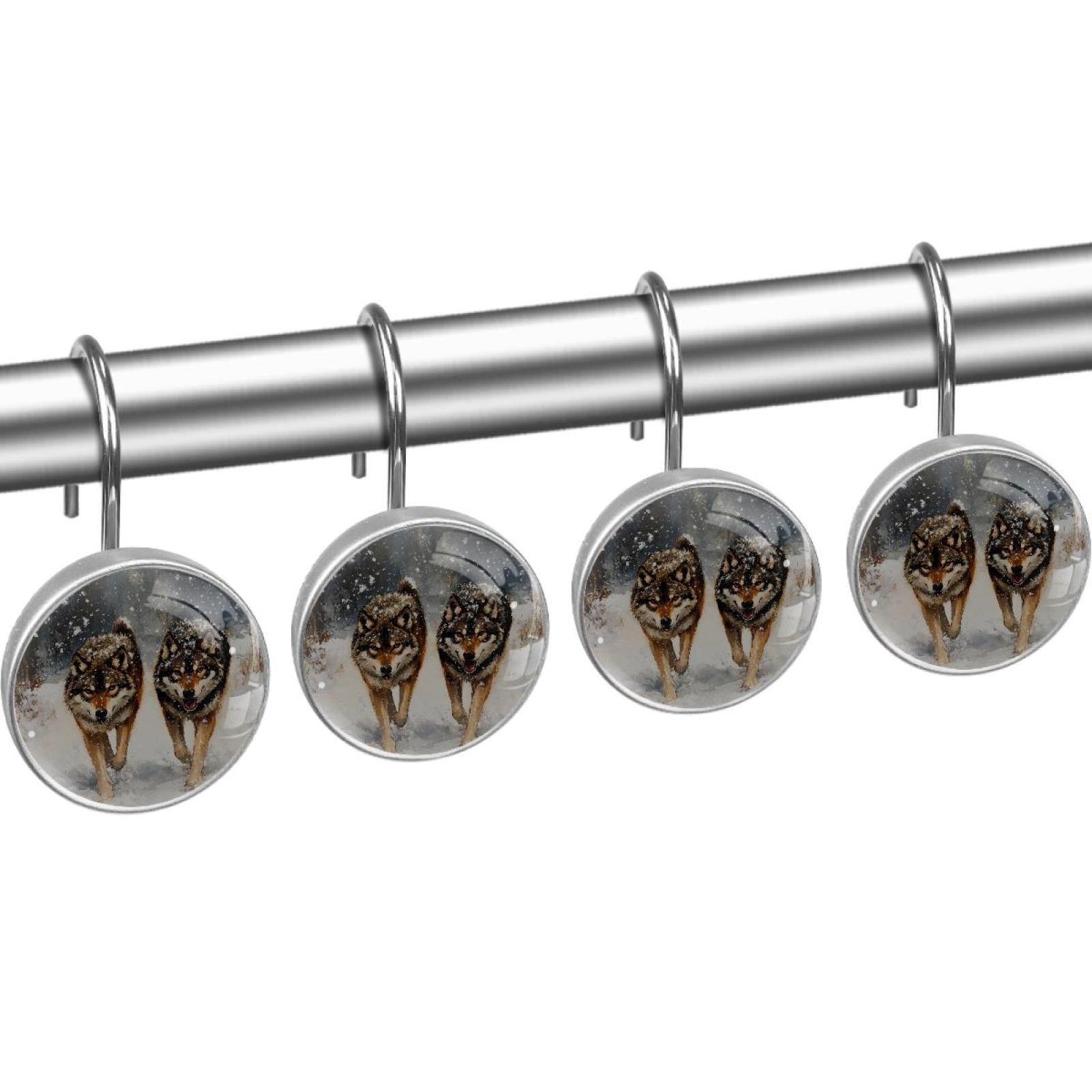 Wolves Walking on Snow Shower Curtain Hooks Round Crystal Glass, Set of 12 Shower Curtain Rings - Shower Hooks for Curtain Shower Rings