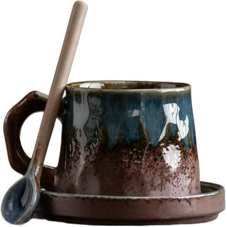 

QIBAXXYL Exquisite Vintage Charm - Hand-Poured Elegant Simple Rustic Blue Glazed Medium Milk Ceramic Breakfast Mug - Unique Handcrafted Handmade Pottery Coffee Cup and Saucer Set for Home