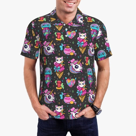 Honeii Polo Imprimé Licorne Arc-en-Ciel et Chat, une Chemise de Golf Classique à Manches Courtes pour Hommes, Polos pour Hommes Manches Courtes-Petit