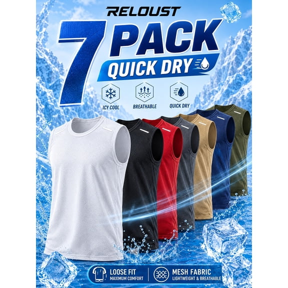 RELOUST 7-pc Men's Mesh Tank Tops. Breathable, quick-dry sleeveless shirts. Loose fit, lightweight loungewear tops with reflective shoulder strips. Multi-color summer vest set for men.