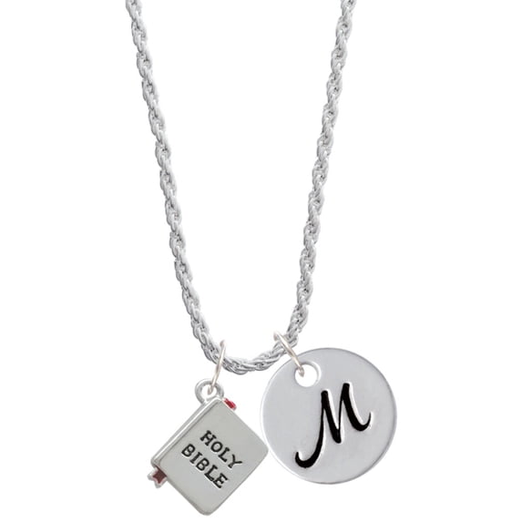 Delight Jewelry Silvertone Bible with Cross Silvertone Script Initial Disc - M - Charm Necklace, 20"+3"