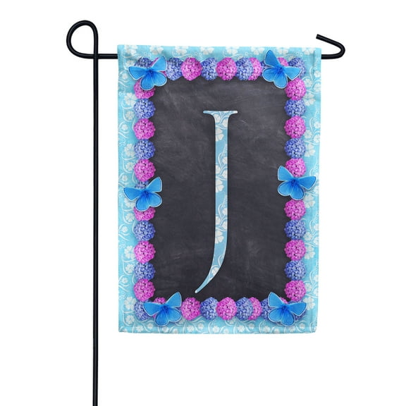 America Forever Spring Monogram Garden Flag Letter J 12.5 x 18 inches Double Sided Vertical Outdoor, Yard, Lawn, Decorative Seasonal, Hydrangeas, Blue Butterflies Bees Summer Floral Garden Flag