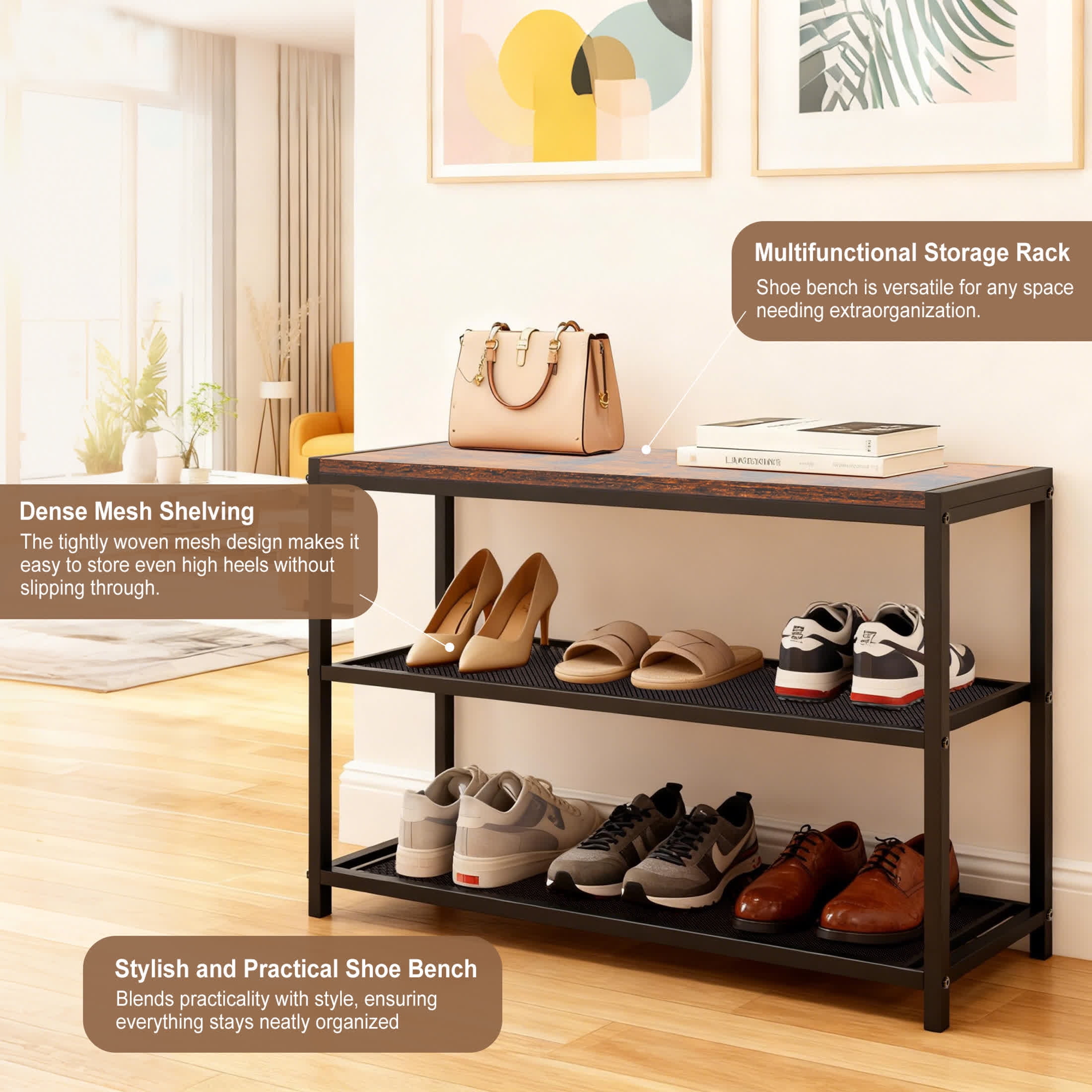 edx Shoe Rack Bench, 3-Tier Industrial Shoe Storage Organizer, 28.3inches Entry Bench with Mesh Shelves for Living Room, Entryway, Rustic Brown
