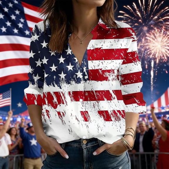 Xdegoge 4Th of July Patriotic Button Down Shirt for Women USA American Flag Long Sleeve Collared Stars and Stripes Fireworks Graphic Relaxed Fit Summer Tops Independence Day Celebration Outfits