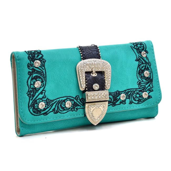 7.5 x 4.5 in. Trifold Rhinestone Studded Buckle Wallet, Turquoise ...