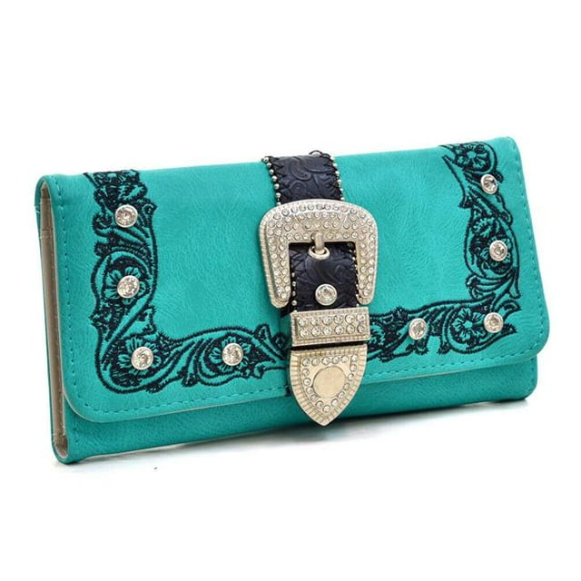 Portefeuille à Trois Volets 7,5 x 4,5 Po avec Boucle Cloutée en Strass, Turquoise