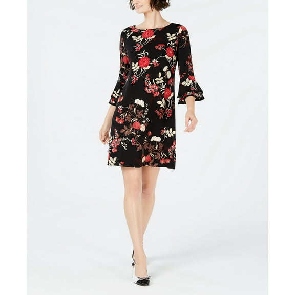 Charter Club Printed Bell Sleeve Shift Dress Deep Black Combo XS