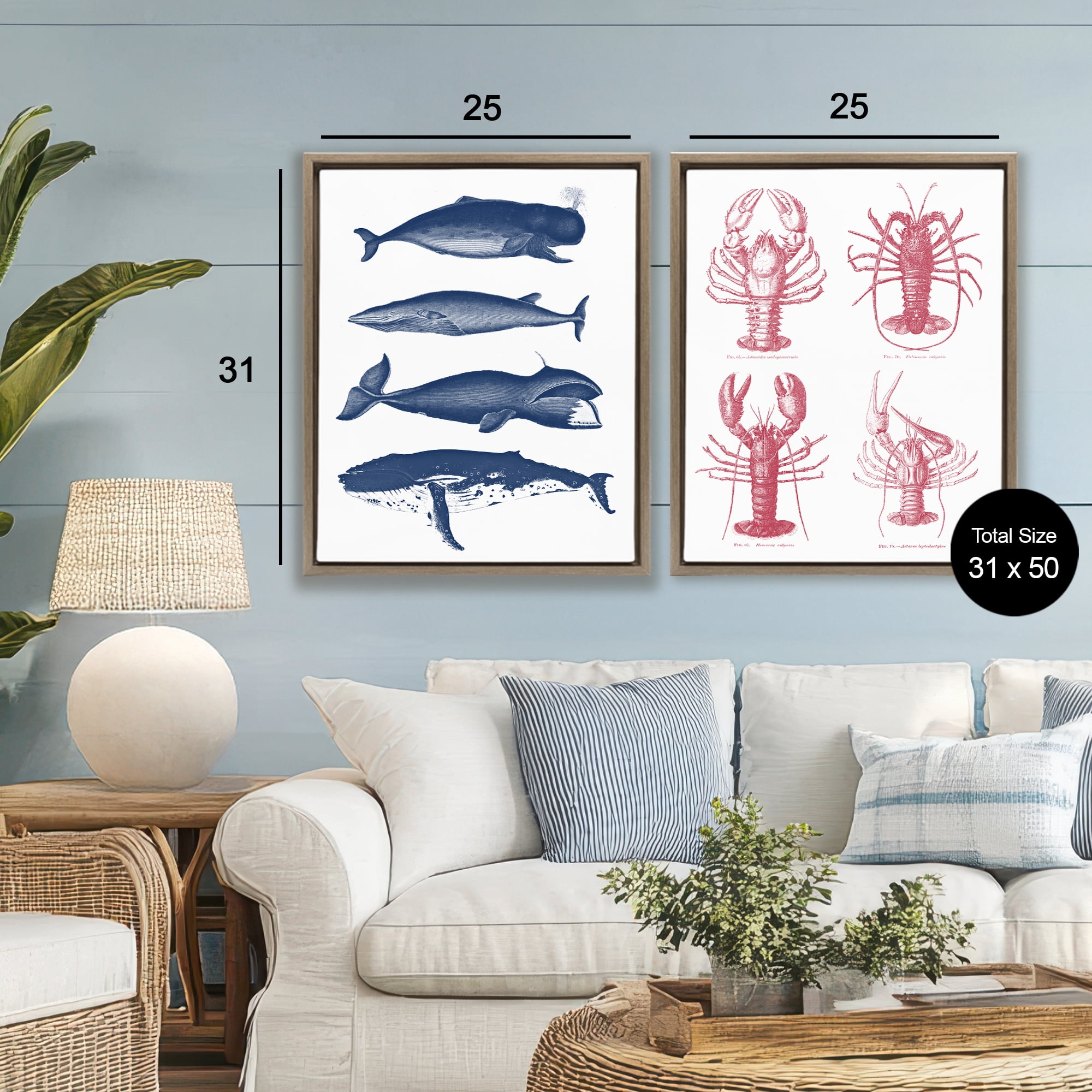Marine Whales & Lobsters 2 Piece Brown Framed Floater Canvas Set, design by Lettered and Lined