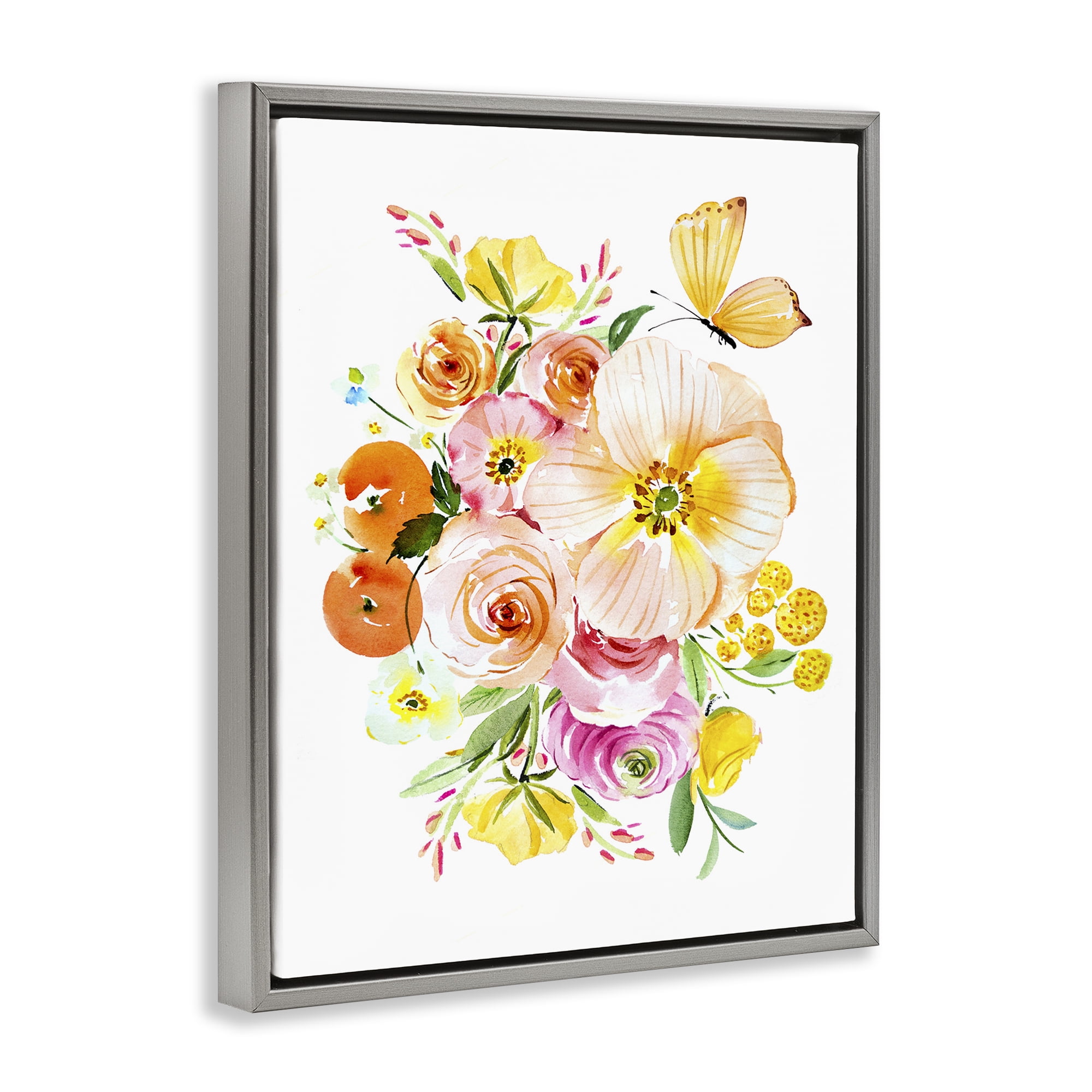 Stupell Industries Varied Flower Bundle Botanical & Floral Painting Gray Floater Framed Art Print Wall Art, 17 x 21