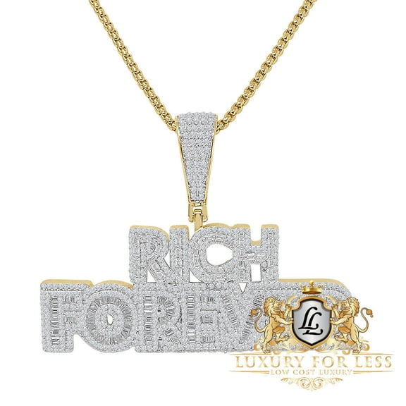 Real Silver RICH FOREVER Simulated Diamond 14K Gold Over Charm Pendent Chain Set