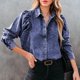 thumbnail image 2 of Camisa vaquera Cuello vuelto Botones en el pecho Puff Manga larga Chaqueta vaquera elegante de moda, 2 of 6