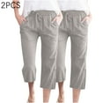 thumbnail image 3 of WIZUTIZ Casual Pants for Women Capris Plain Leisure Baggy Wide Leg Cropped pants Stretch Elastic Mid Rise Beach Pants Solid Drawstring with Pockets Palazzo Pants Tiktok Trend Items Vacation Gray, 3 of 5