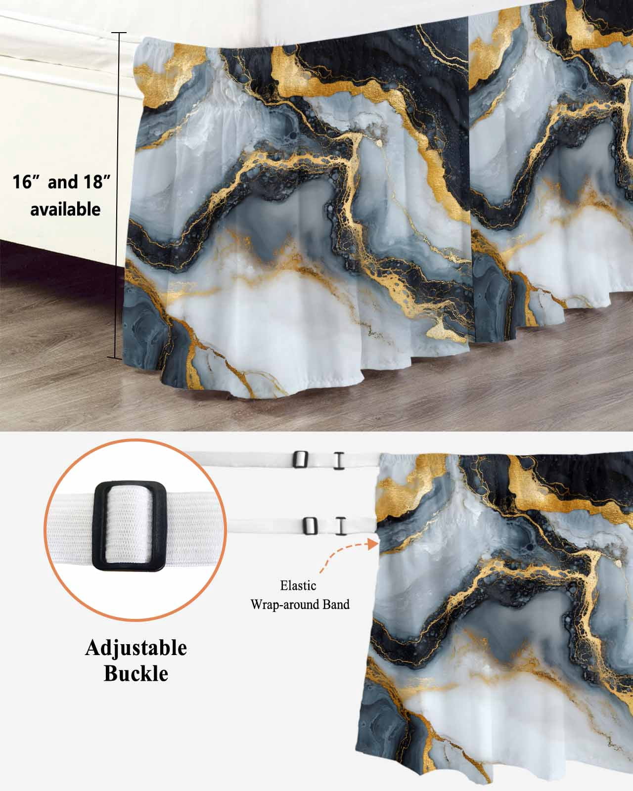 Black Golden Marble Wrap Around Bed Skirts for Queen Bed 16" Drop,Bed Skirt with Adjustable Elastic Belt Dust Ruffle Bed Valance for Bedroom Hotel Luxury Modern Ink Painted Aesthetics Bed Frame Cover