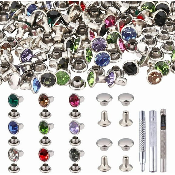 200 Sets Rhinestone Rivets Brass Rivets Studs with Pieces Setting Tool Kit Colorful Rivets DIY