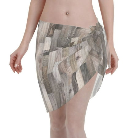 Qekee Wooden Texture Women s Short Sarongs Cover Ups Sheer Bikini Wraps for Swimwear