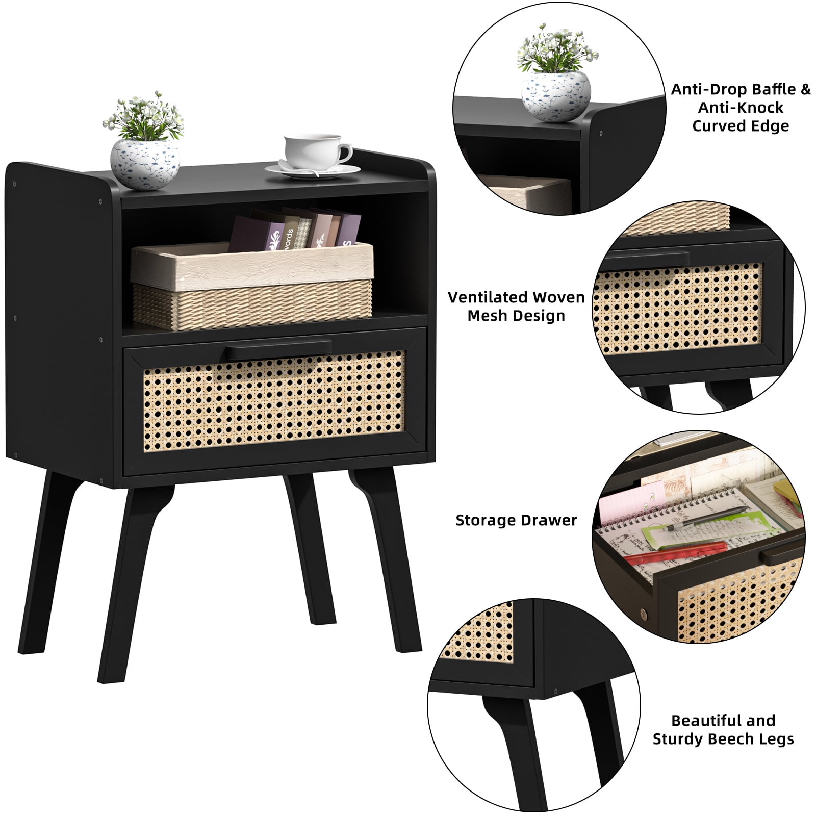 LEYAOYAO 2pc Rattan Nightstand, Modern Wicker Bedside Table with 1 Drawer & Tapered Legs, Boho Tea Color for Small Spaces, Black New