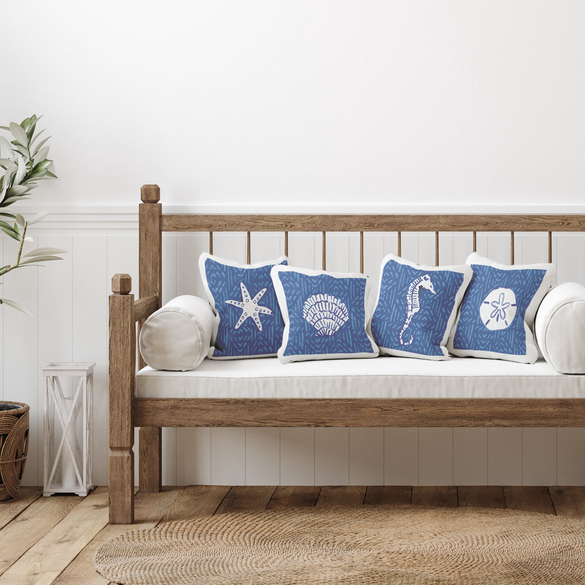 Stupell Industries Various Seashells Blue Beach Line Patterns Design by Mercedes Lopez Charro Throw Pillow (set of 4)