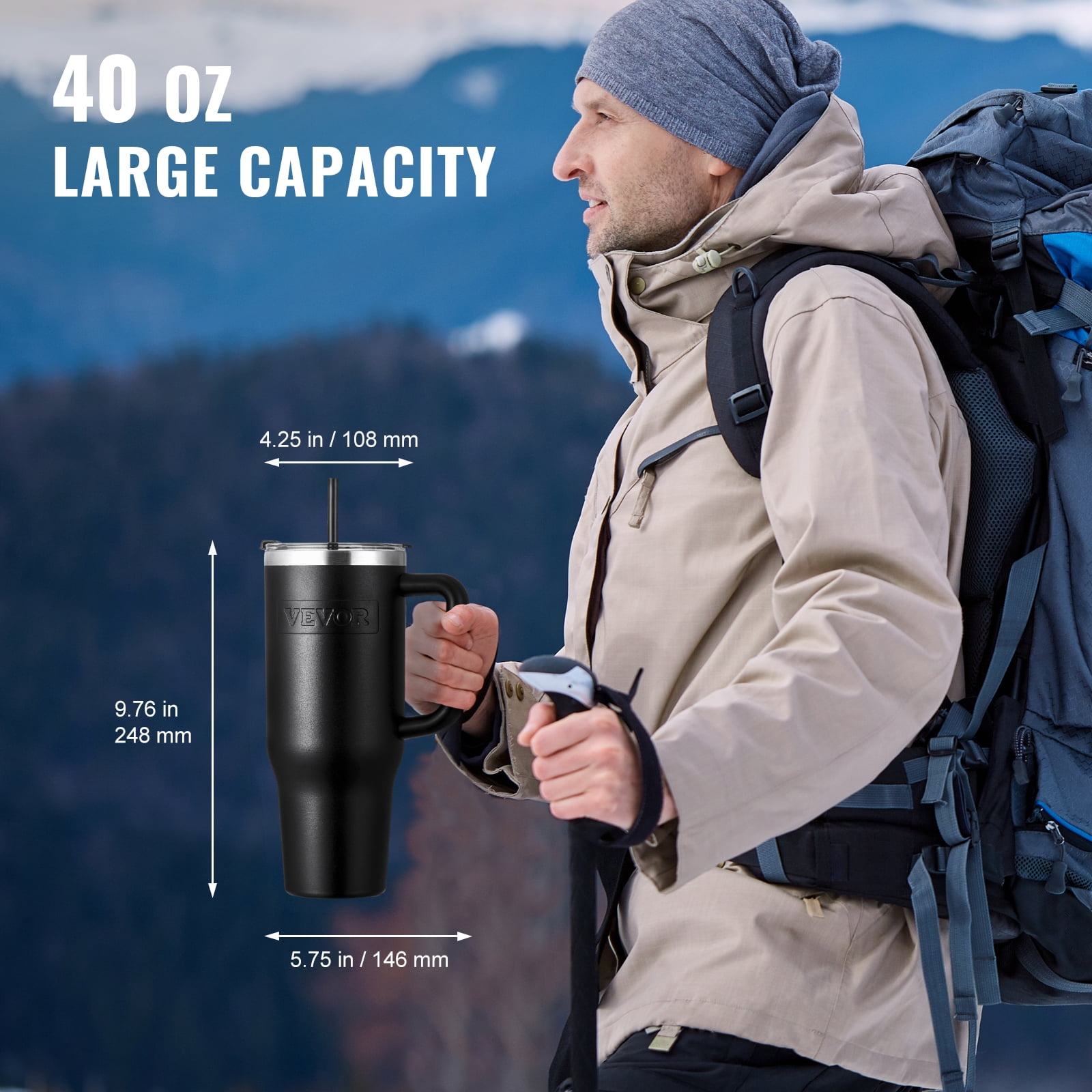 VEVOR 40 oz Insulated Water Bottle, Stainless Steel Sports Coffee Cup with Lid, Handheld Travel Coffee Mug Double Walled, Camping Hydration Flask Leakproof, for Indoor/Outdoor School, Work, Black