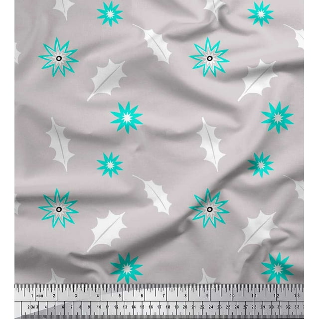 Soimoi Gray polyester Crepe Fabric Star & Holly Leaves Print Sewing Fabric Yard 52 Inch Wide