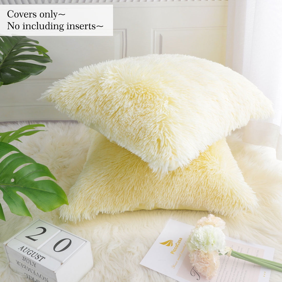 2Pcs Faux Fur Shaggy Decorative Throw Pillow Covers Light Yellow 24 x24 Walmart