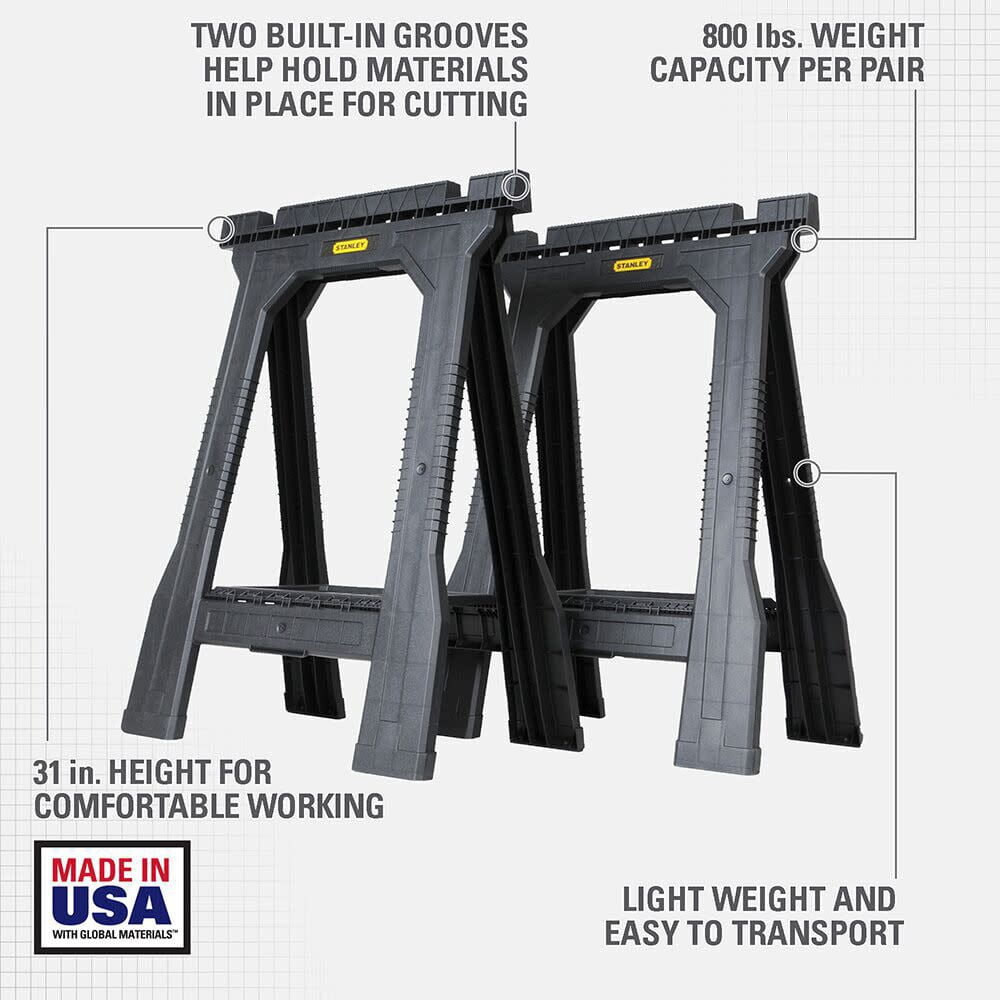 Stanley 32" H x 22-1/2" W x 5" D Folding Sawhorse 800 lb. Black 1 pair