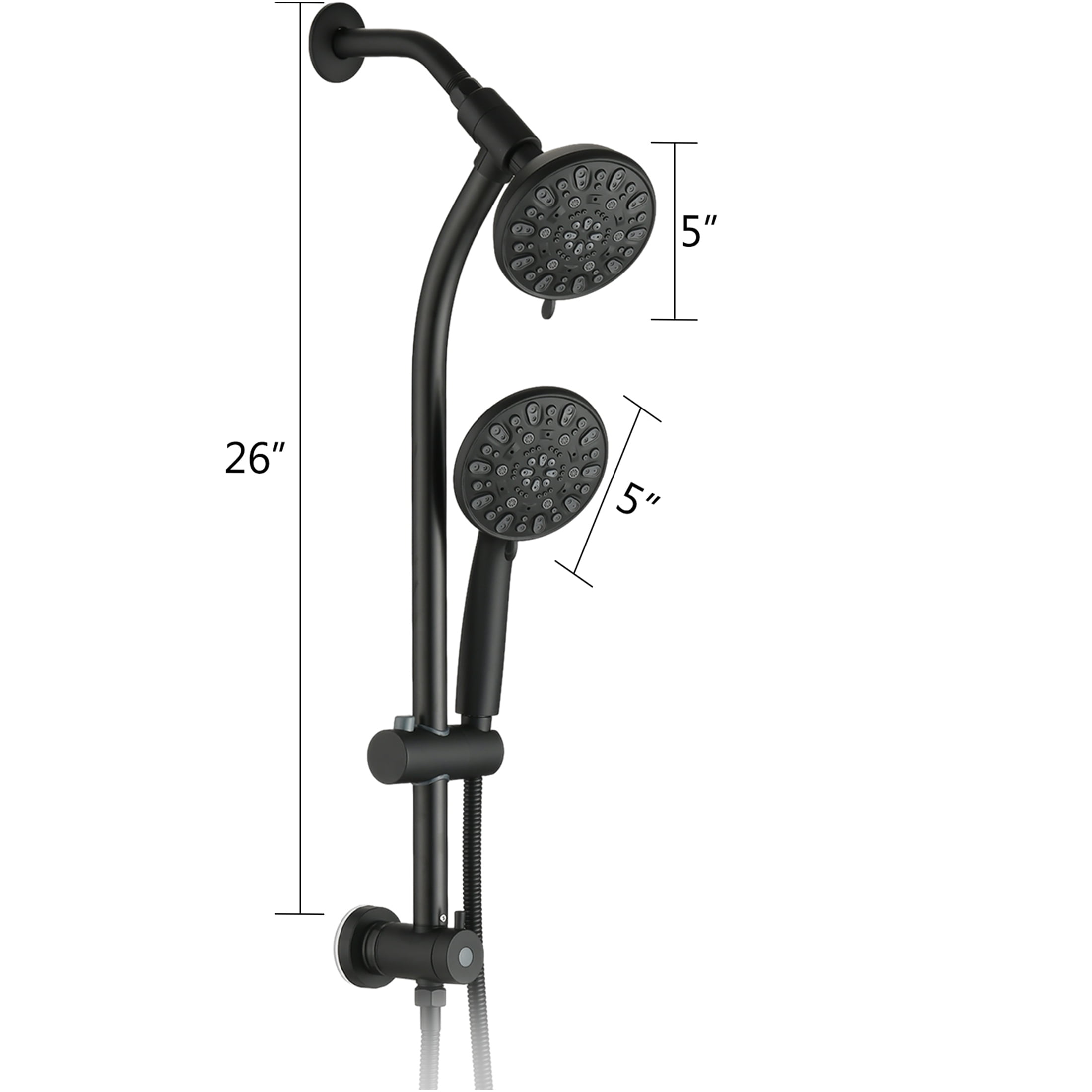 JERFIT Matte Black Dual Shower Head System with 7-Spray Rain Showerhead, Handheld, Slide Bar & No-Drill Mount