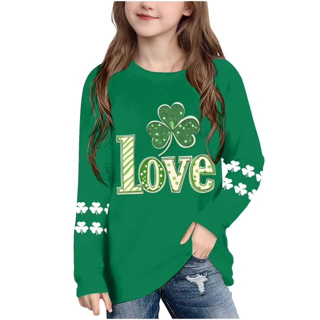 Blusas y camisas de manga larga con cuello redondo, moda del Día de San Patricio, blusa informal con estampado bonito de manga larga para niños y niñas.