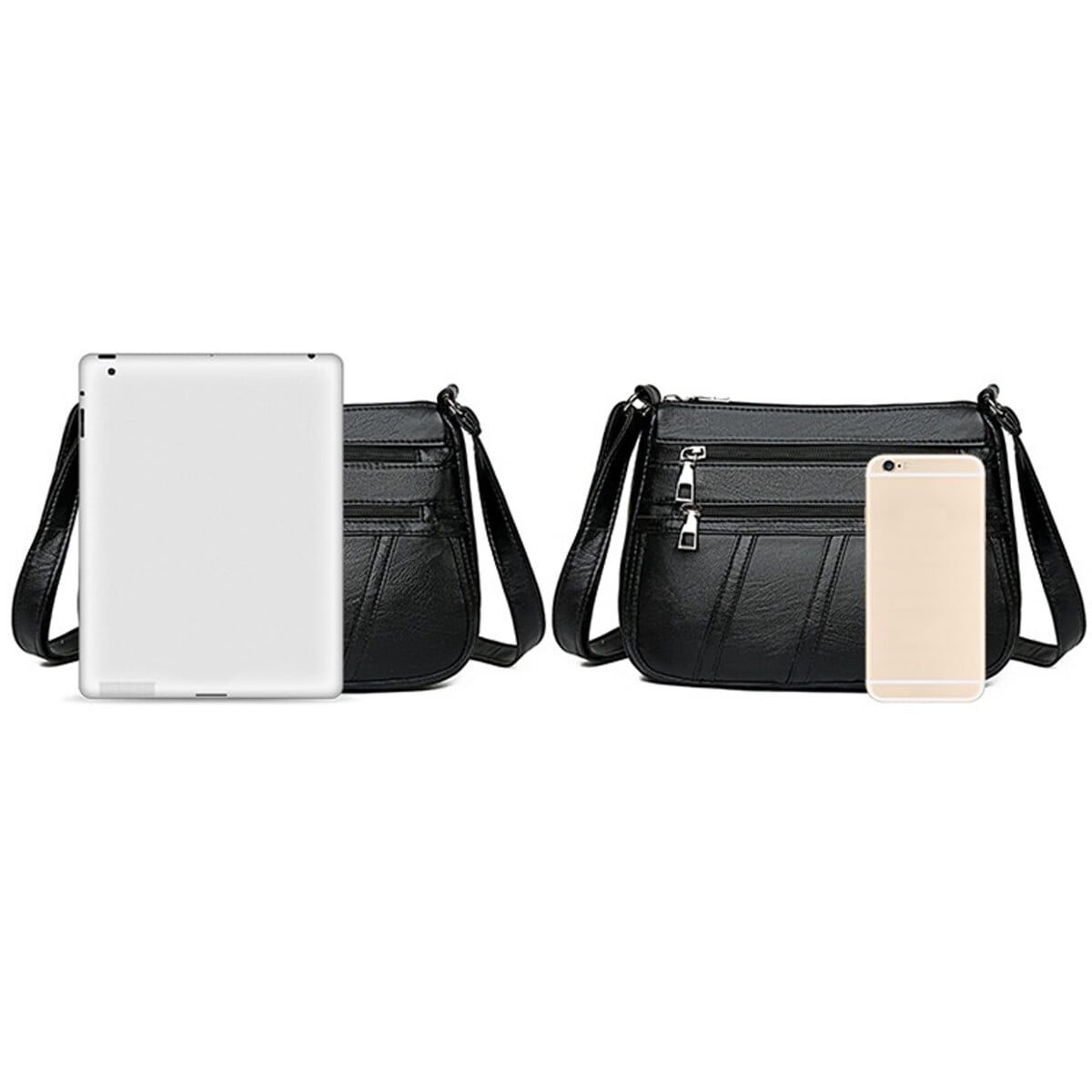 Women PU Shoulder Bag Multi-pocket Mother Solid Crossbody Handbag (Black)