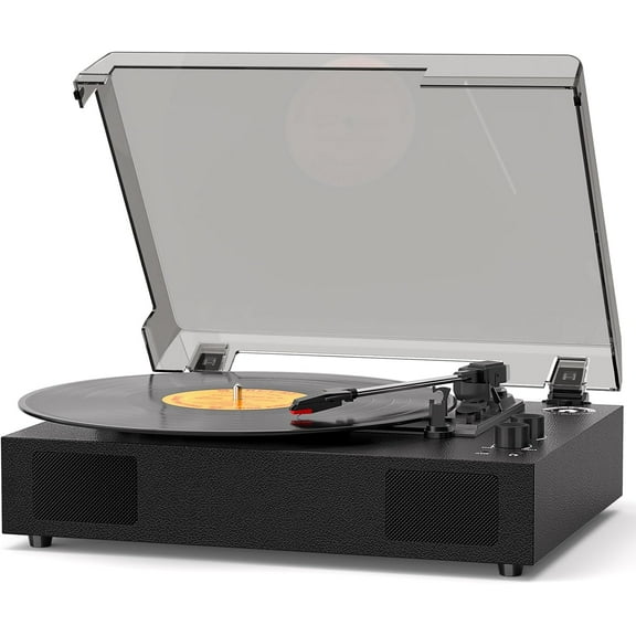 Vintage Vinyl Record Player with Built-in Stereo Speakers, Bluetooth Turntable for Vinyl Records with Bass & Treble Control, 3-Speed Belt-Drive, RCA/AUX/Headphone Jack, Gift for Music Lovers