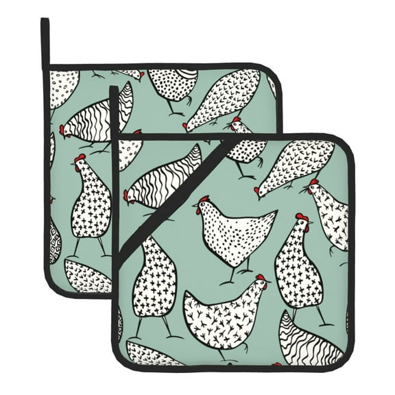 Kitchen Pot Holders Heat Resistant Oven Hot Pads With Hand Pockets And Hanging Loops For Baking Cooking 2 Pack 8'' X 8'' Hand Drawn Chickens