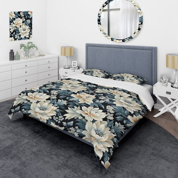 Designart "Serene Peony Damask II" Blue Floral Bedding Covert Set - Cottage Bed Set With 2 Shams